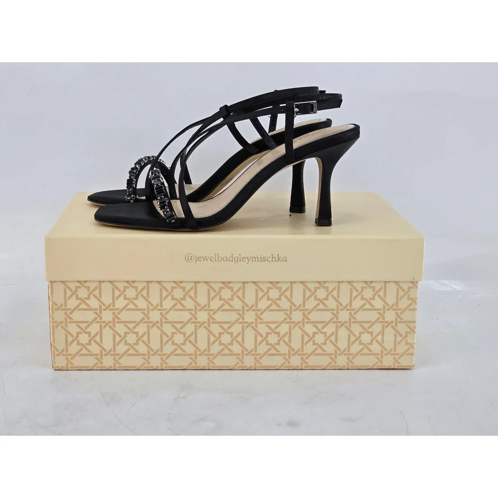 Jewel Badgley Mischka Alexis Sandals Womens 6 Black Satin Embellished NEW